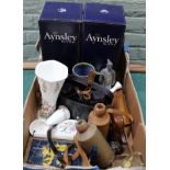 A box of mixed items including boxed and loose Aynsley china, two R Whites stoneware bottles,