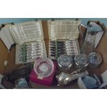 A collection of silver plated items including purses plus a decanter and a set of cased Royal Crown