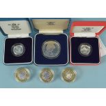 A group of six Royal Mint silver proof coins, three £2, one £5 Lady Diana, two 2004 £1,