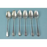 Six white metal spoons with engraved initials, marks rubbed,