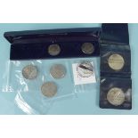 A group of six world silver coins, two USA five silver dollars, two 1964 Kennedy half dollars,