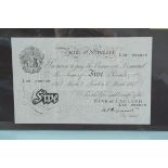 Bank of England K O Peppiatt white £5 banknote, Serial L59 086038, March 7 London 1947,