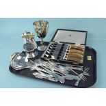 A selection of silver plated items and a cased set of six antler handled knives