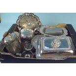 A collection of silver plated items including an entree dish, teapot,