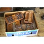 Two 19th Century burr walnut boxes together with two carved oak book stands
