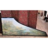 A harpsichord lid decorated with a landscape,