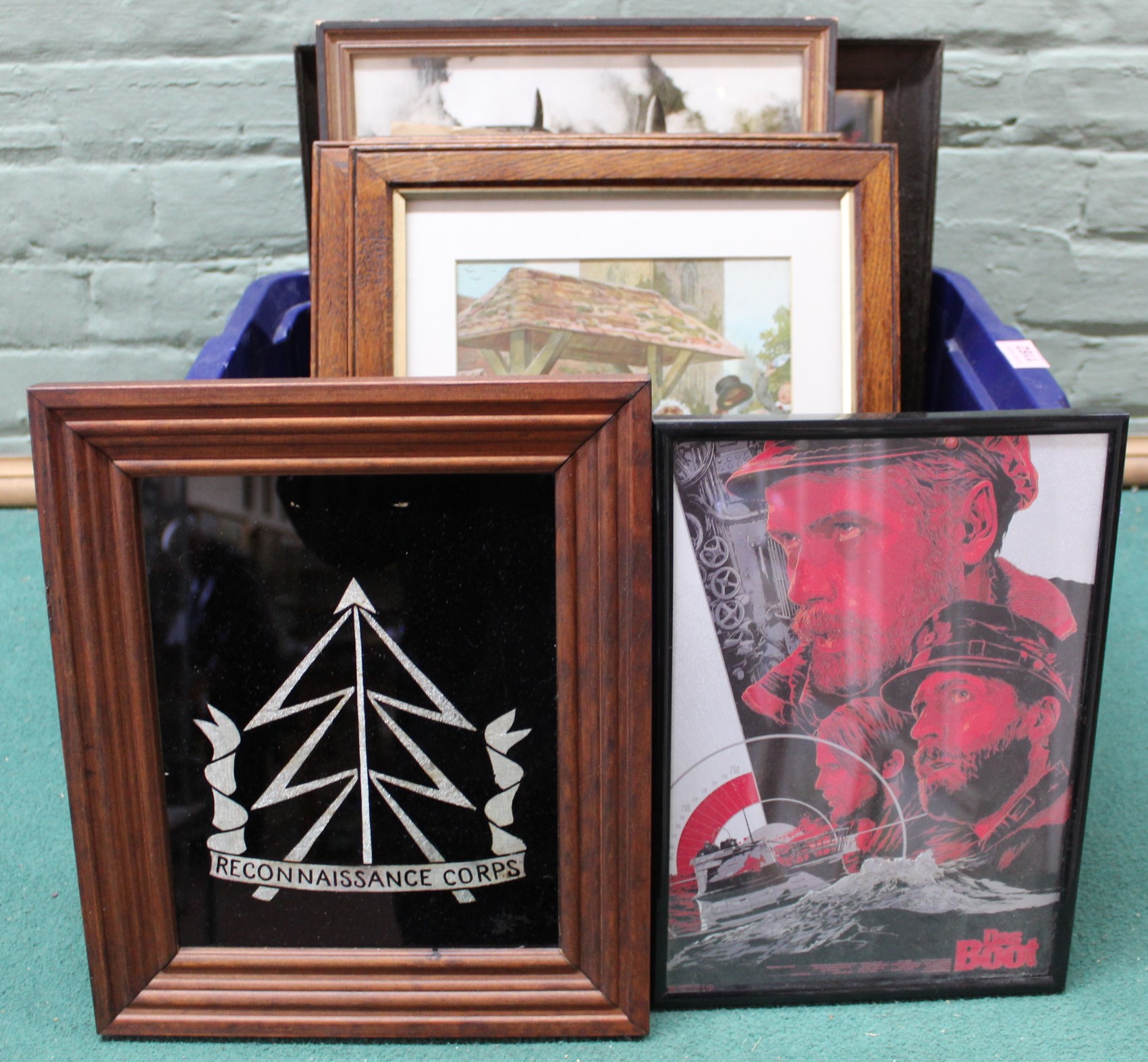 A mixed lot including Reconnaissance Corps 'glass' insignia framed, a military themed sampler,