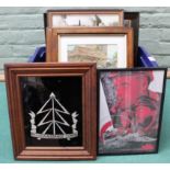 A mixed lot including Reconnaissance Corps 'glass' insignia framed, a military themed sampler,