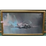 A large framed print of a spitfire in flight by A F Clark, 81.