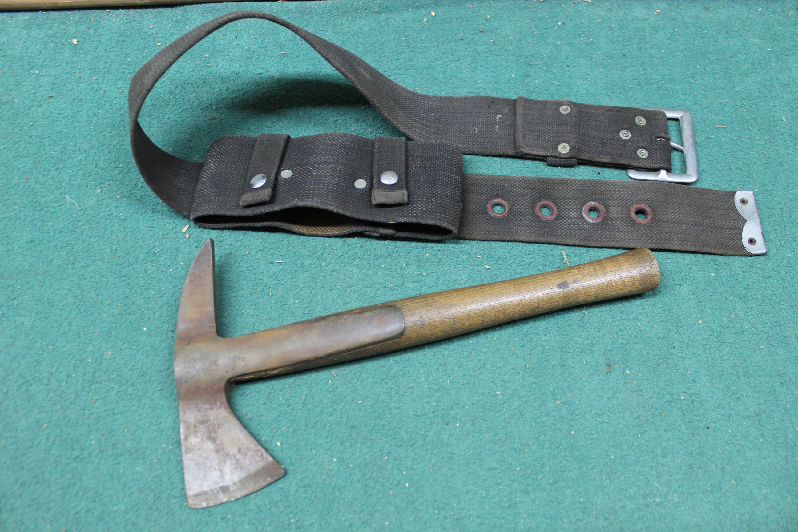 A fireman's axe within webbing belt and a cap bearing Lancashire County Brigade insignia - Image 3 of 3