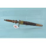A plug bayonet with leather sheath, 12 1/2" overall with etched blade 7 1/4",