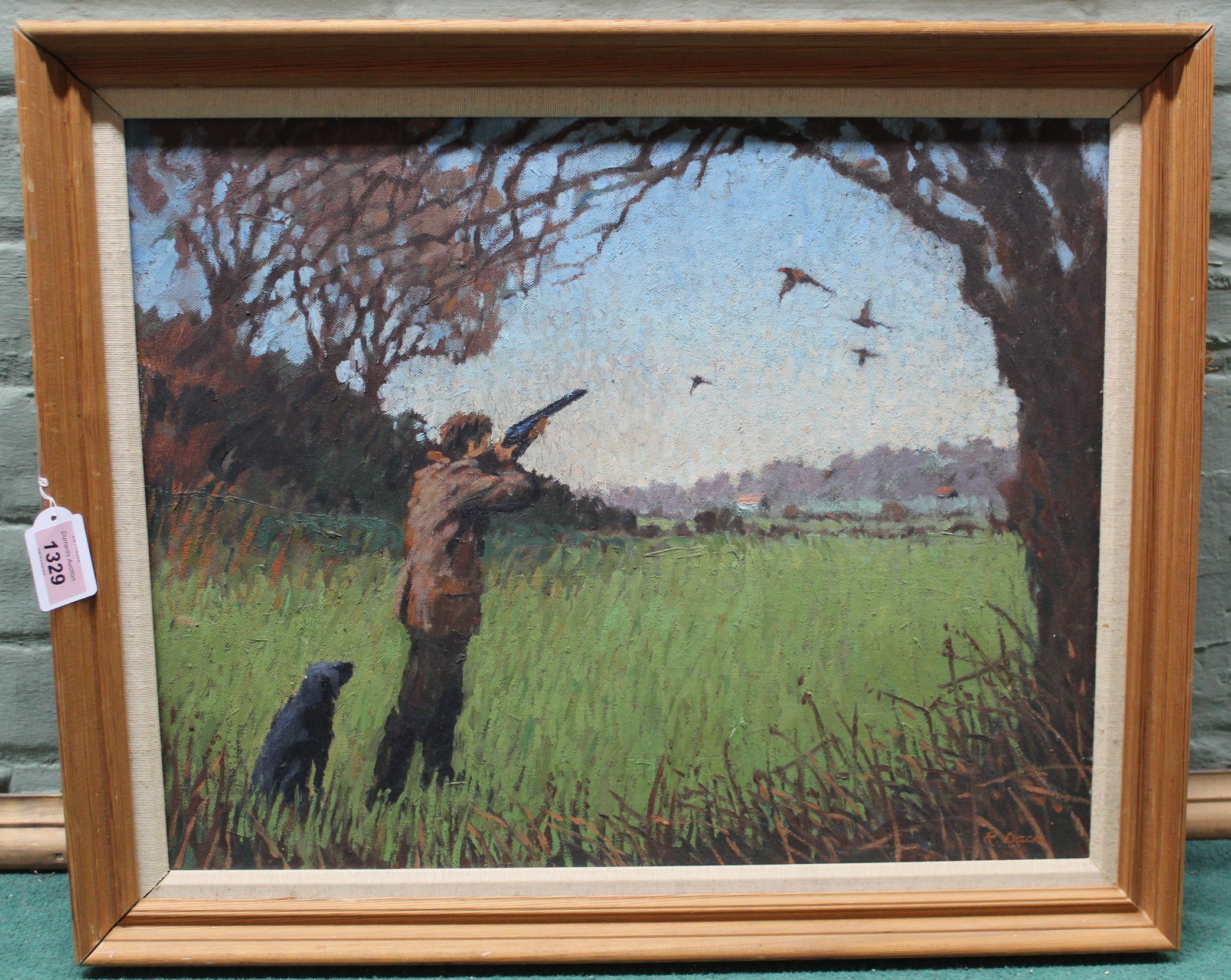 Richard Dack, framed oil on canvas of a gentleman with shotgun and black gun dog, signed R Dack,