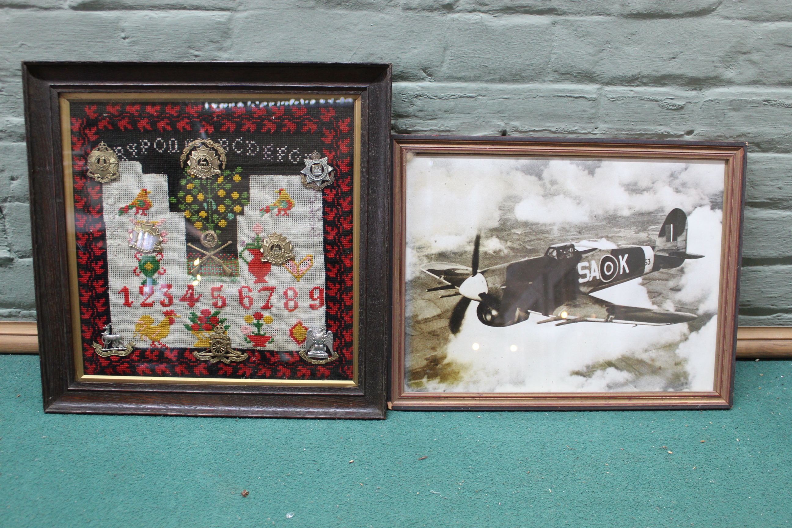 A mixed lot including Reconnaissance Corps 'glass' insignia framed, a military themed sampler, - Image 3 of 3