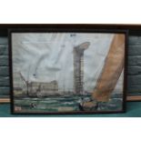A framed watercolour of a yacht in harbour with building and figures on the quayside 'The Little