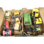 Two boxes of vintage Tonka vehicles including a crane,
