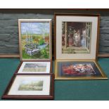 Five various framed prints and an oil