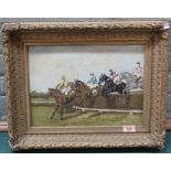 A framed oil on board of a horse racing scene with four horses and jockeys jumping a fence,