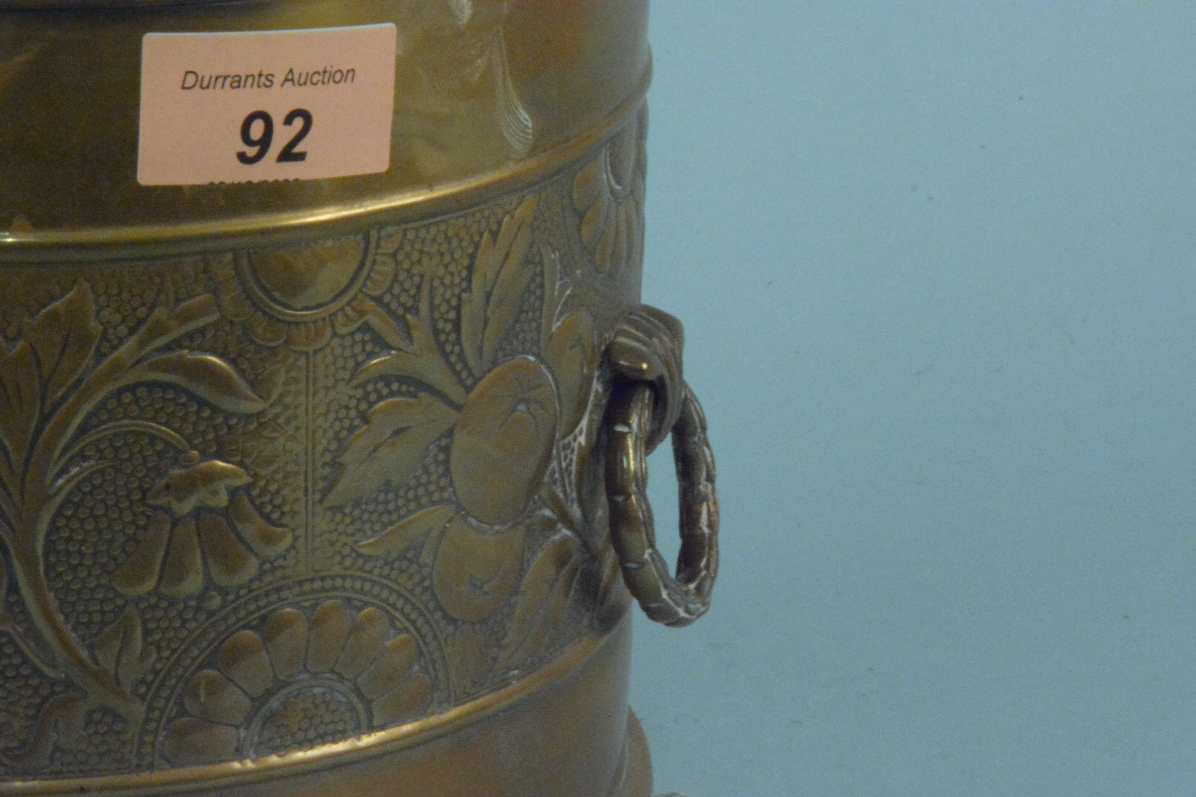 Aesthetic movement circular brass jardiniere with repousse decoration of fruit and flowers, - Image 2 of 3
