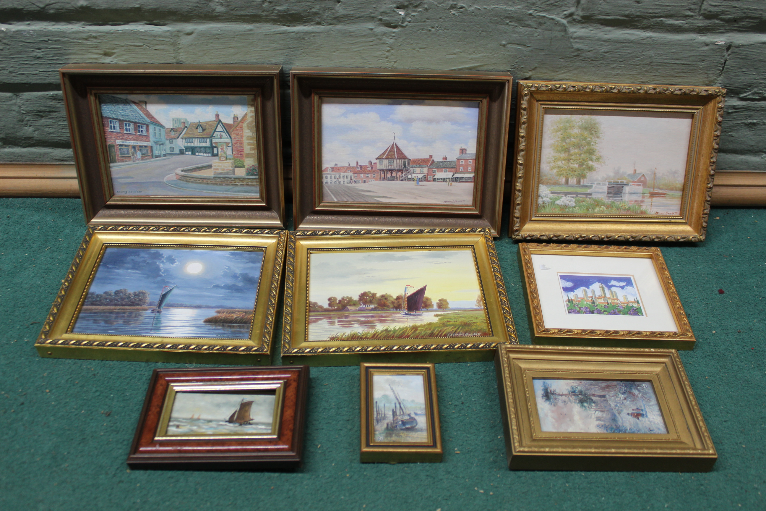 Five small framed oil paintings of mainly local scenes plus four other miniature oils of shipping