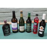 A selection of wines and spirits including schnapps, sloe ruby gin, sherry,