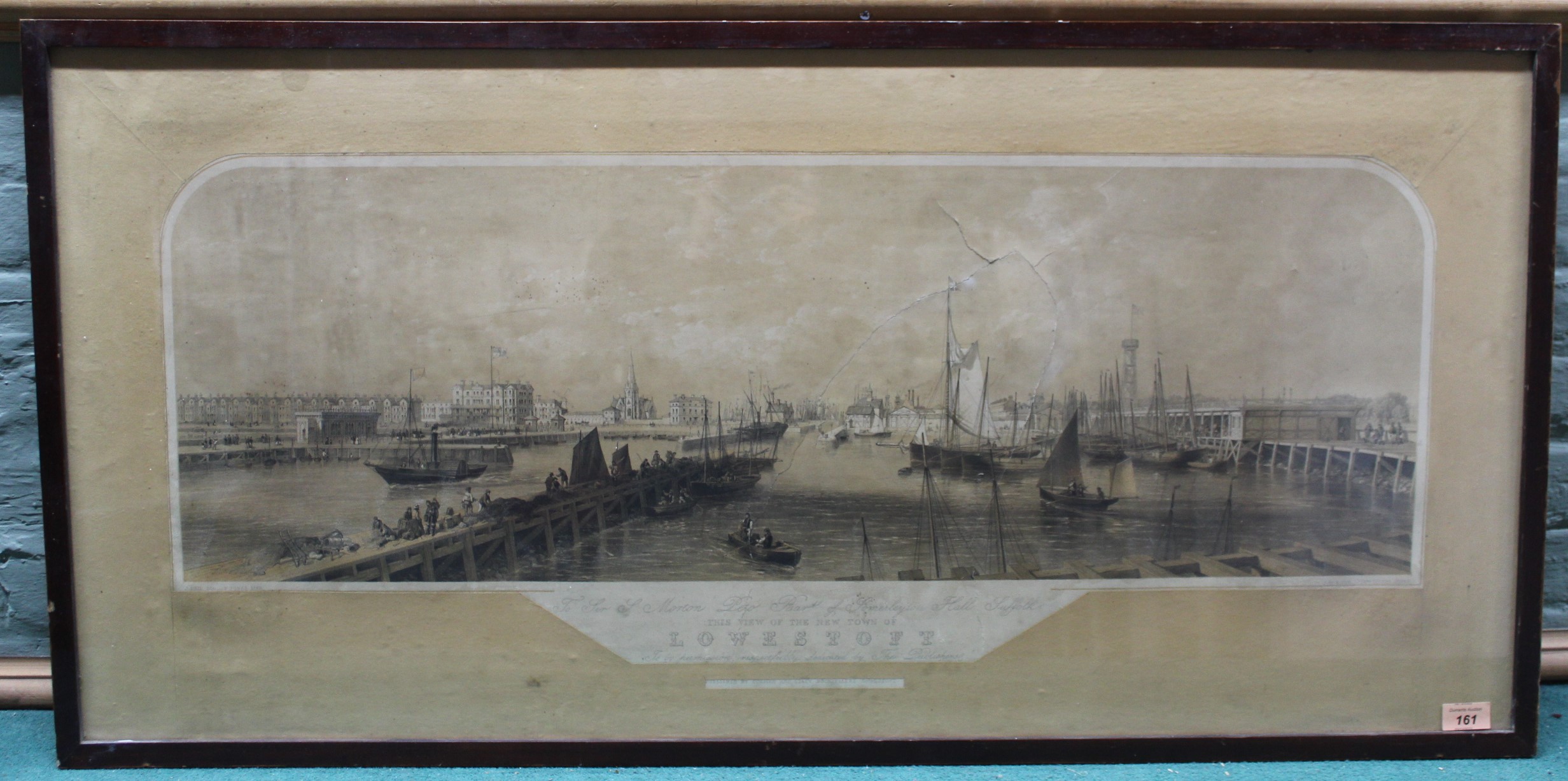 A large framed print, 'View of the new town of Lowestoft' (as found),