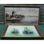 A 20th Century framed oil on canvas of sailing ships at anchor plus a framed oil of a river scene
