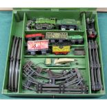 A large wood boxed Hornby train set with clockwork train and key,