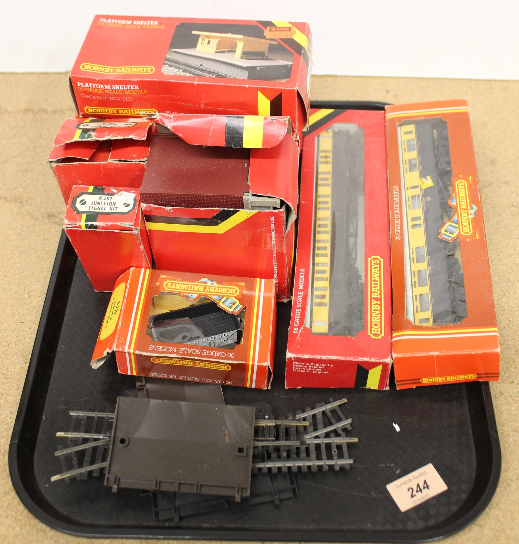 Various boxed Hornby railway accessories including bridges, wagons,