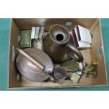 A seamed copper kettle and jug, a selection of miniature brass tip up tables,