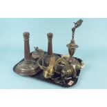 An antique copper lamp base converted to electric plus oil burners etc