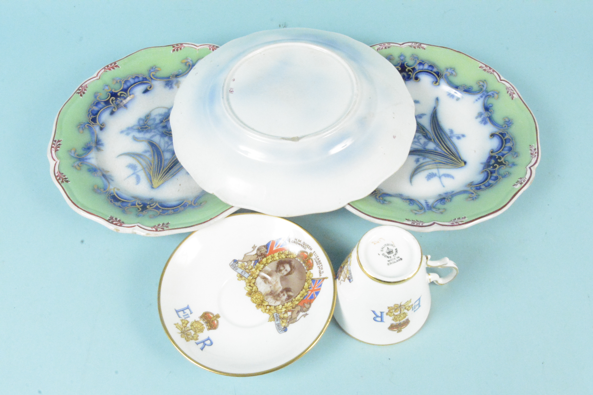 Three 19th Century dessert plates with apple green borders plus a Queen Elizabeth II Coronation cup - Image 3 of 3