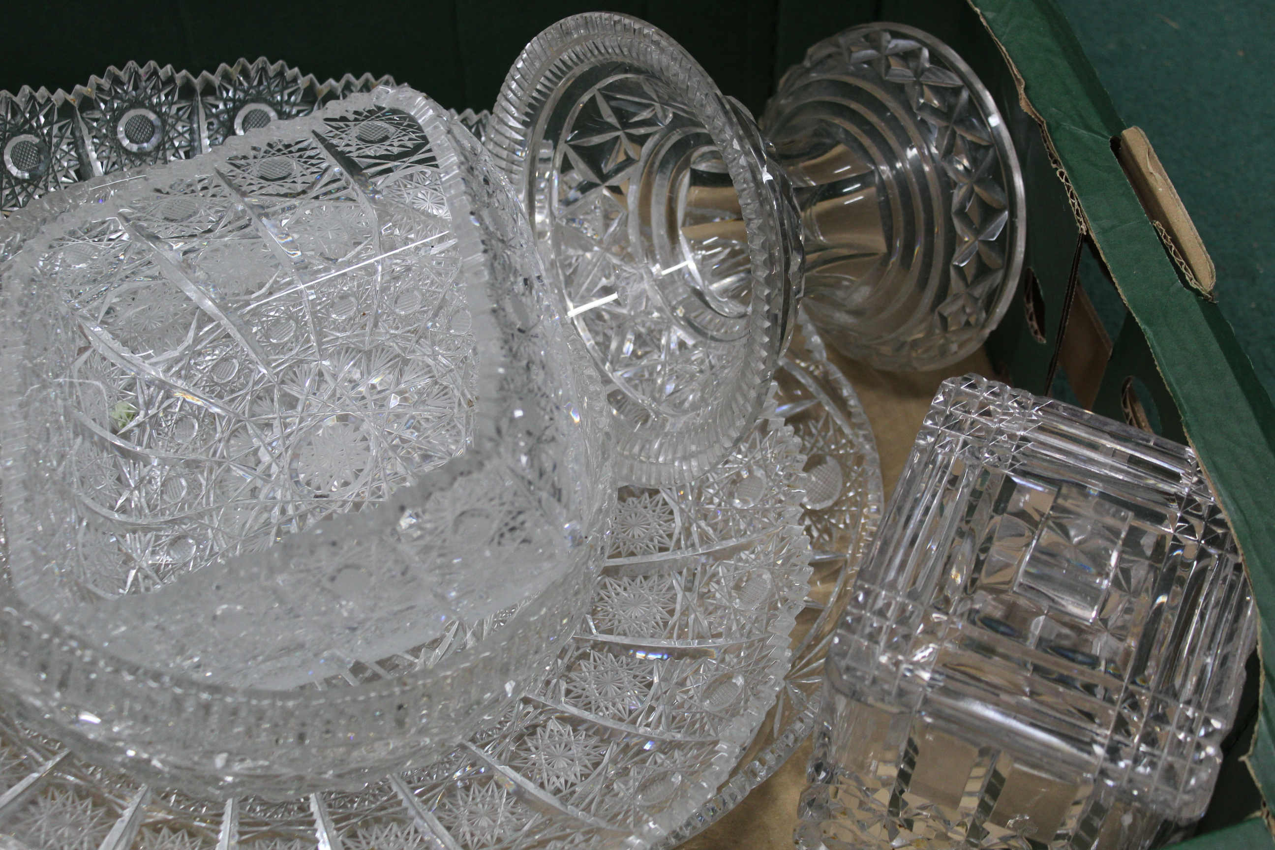 A box of various cut crystal glass items including a large plate, lidded biscuit barrel, cruet, - Image 3 of 3