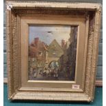 A late 19th Century oil on canvas of a street scene with horses and figures etc (as found),