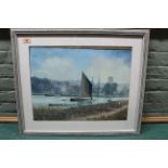 A framed Joe Crowfoot watercolour of barges on the river at Beccles,