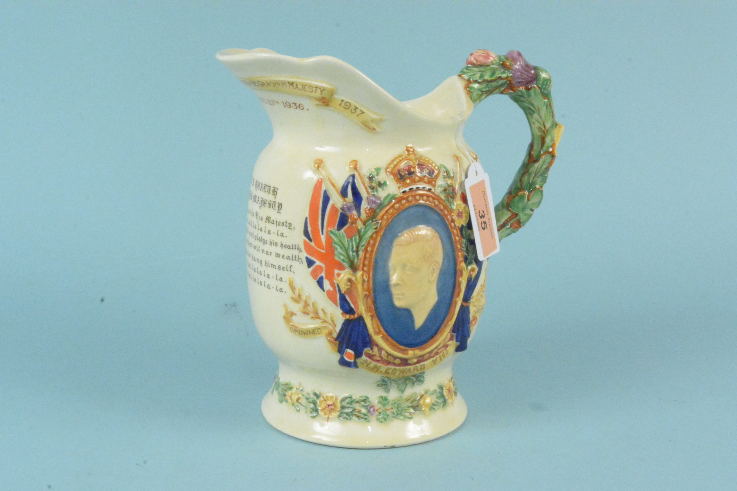 Crown Devon Fieldings 1937 Edward VIII commemorative Coronation musical jug,