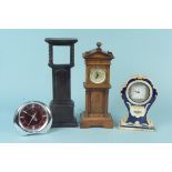 A wooden cased miniature long case clock plus a second with no movement and two other clocks