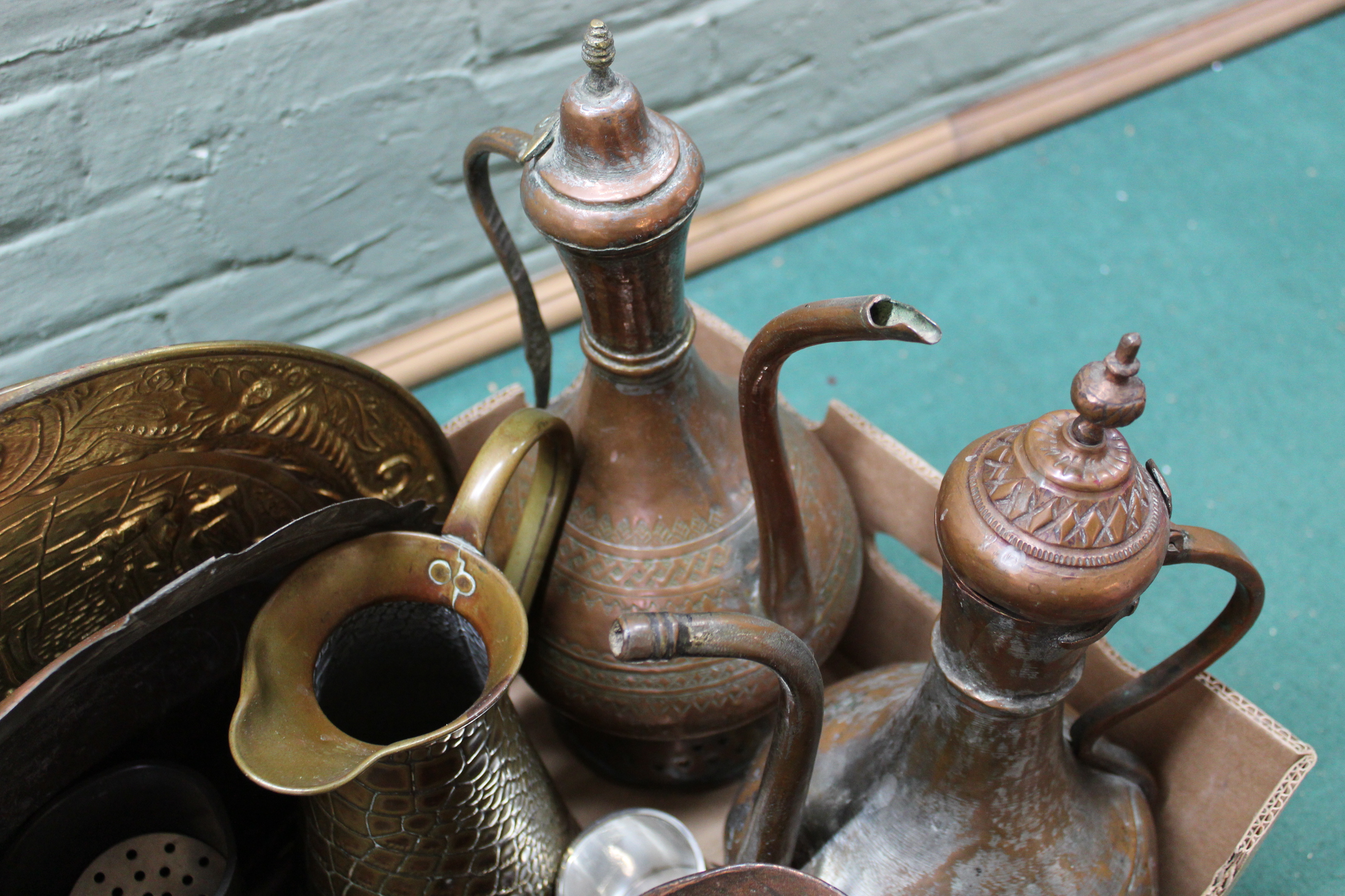 Mixed metalwares including two Persian style copper coffee pots, jugs, plates, - Image 3 of 3