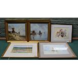 A pair of framed continental oils on board of estuary scenes with boats and figures,
