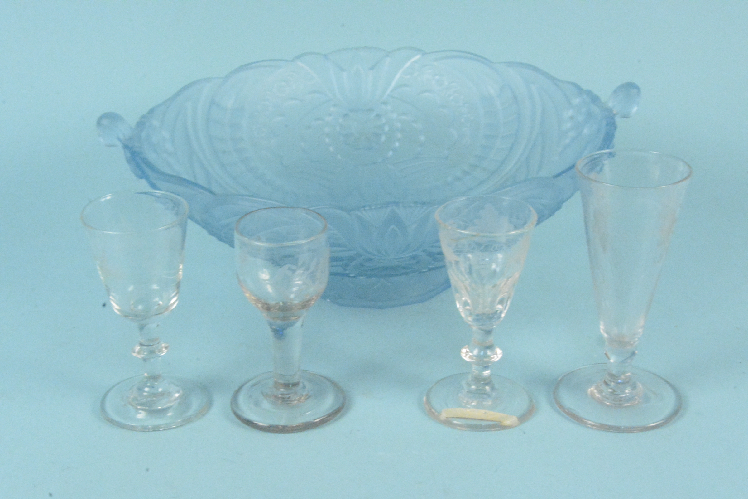 Four 19th Century small drinking glasses plus a moulded Art Deco style dish