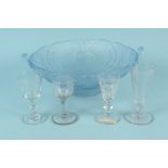 Four 19th Century small drinking glasses plus a moulded Art Deco style dish