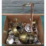 A box of mixed metalwares including a brass and copper lamp,
