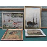 Four framed oils including boats at anchor, cottage scene,