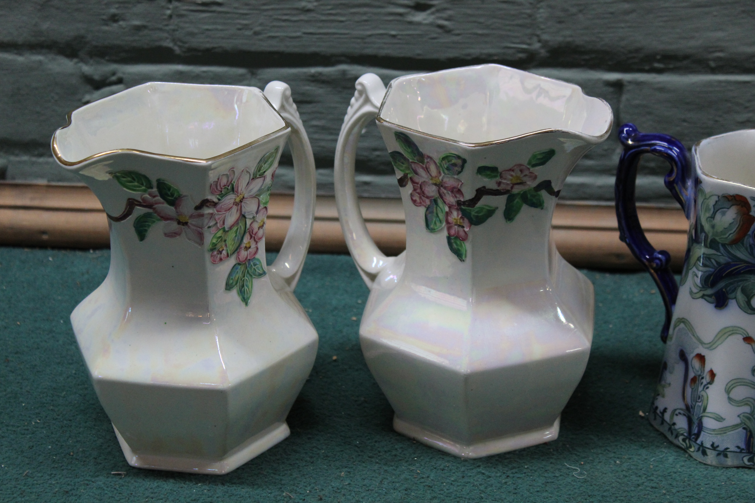 A graduating set of three 'Staffordshire' Art Nouveau jugs plus a pair of Maling ware Ringtons Ltd - Image 3 of 3