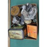 A box of mixed metalwares including a vintage biscuit tin with inner lid