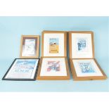 Nine framed small advertising prints of varying subjects and two others