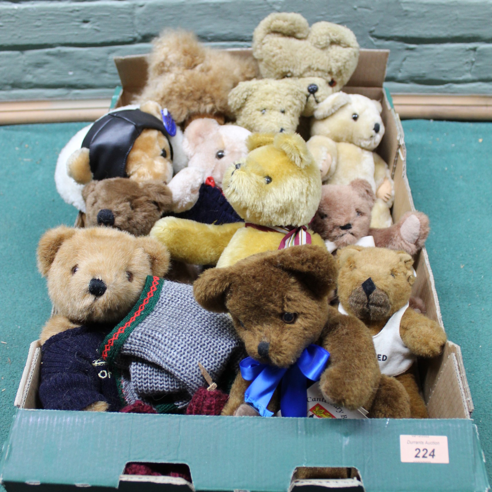 A large box of mixed vintage Teddy bears, some maker named including Salco, Channel Island Toys,