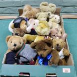 A large box of mixed vintage Teddy bears, some maker named including Salco, Channel Island Toys,
