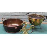 A copper jam pan plus a brass and cast iron coal holder and a brass hippocamp (horse) door stop