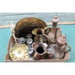 Mixed metalwares including two Persian style copper coffee pots, jugs, plates,