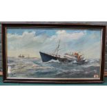 A framed oil on board of a Lowestoft trawler 'Suffolk Challenger LT555' in a choppy sea,